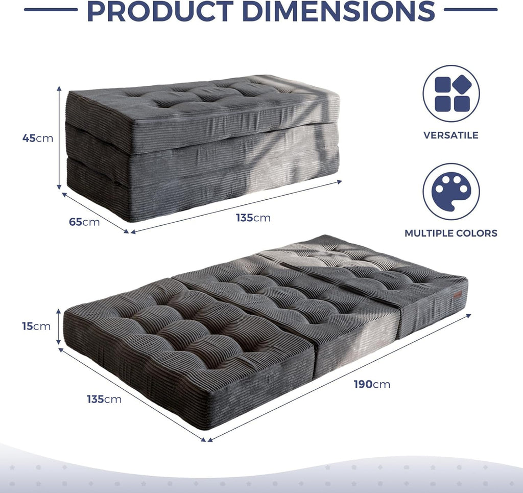 MAXYOYO Folding Mattress, Comfy Corduroy Foldable Mattress with 15cm Thicken Foam, Tri-Fold Floor Futon Sofa Bed for Guest,Dark gray,Double - image 2