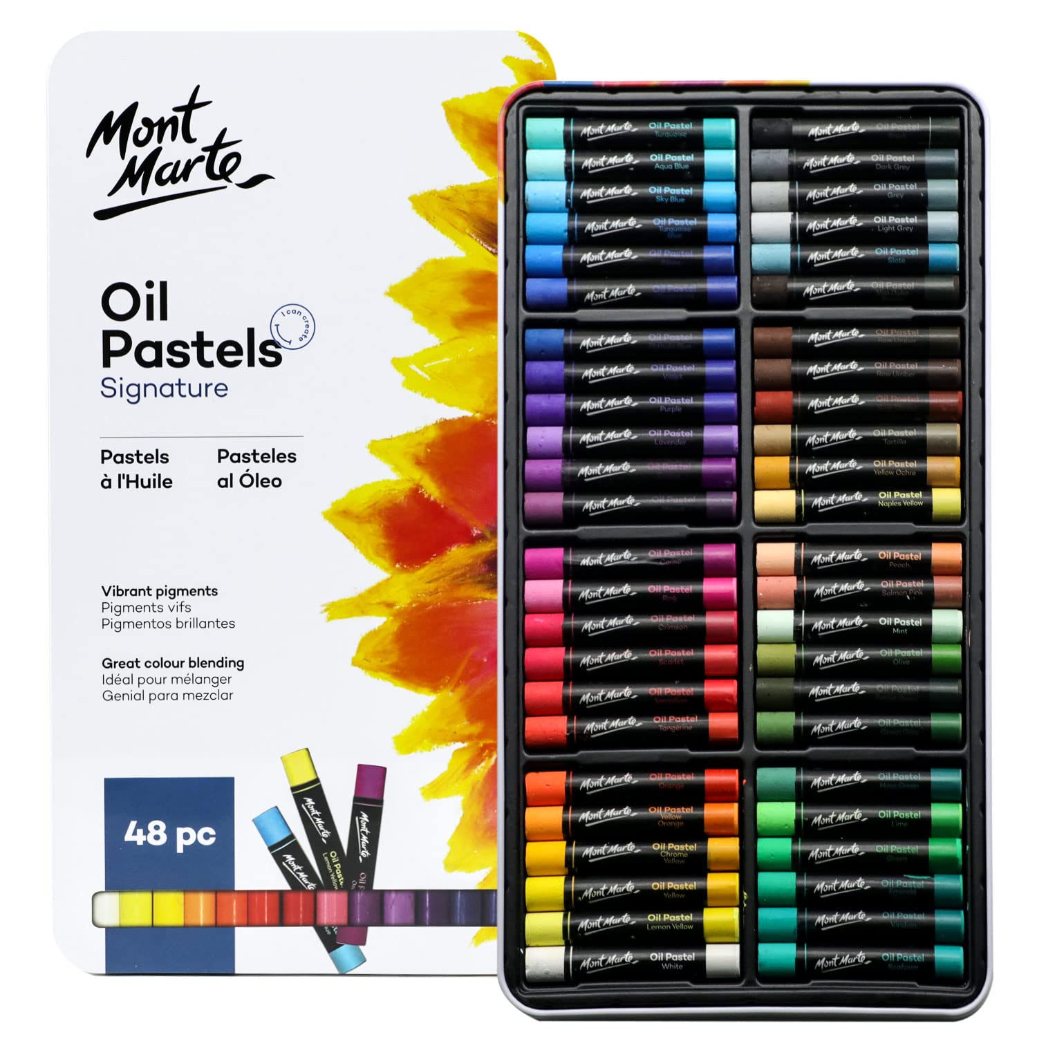 Mont Marte Oil Pastels - 48 Vibrant Assorted Colours in Tin Storage Box