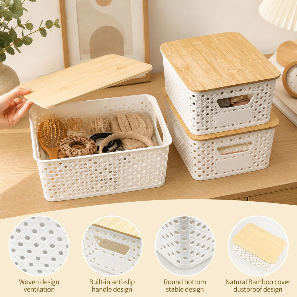 Yekolau 6 Pack Storage Bins for Shelves, Plastic Storage Containers with Bamboo Lids for Organizing, Stackable Storage Boxes with Handle - image 2