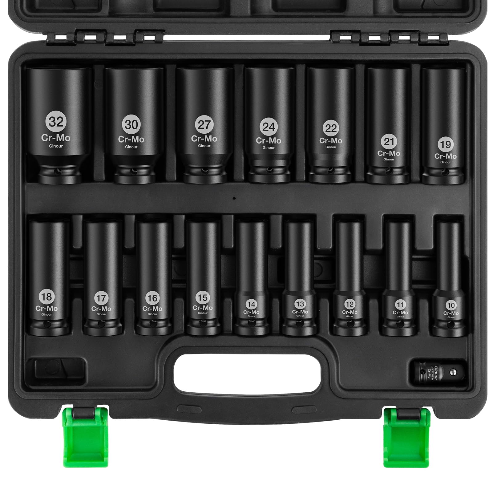Ginour 1/2 Inch Drive Master Deep Impact Socket Set, 17PC Metric Cr-Mo