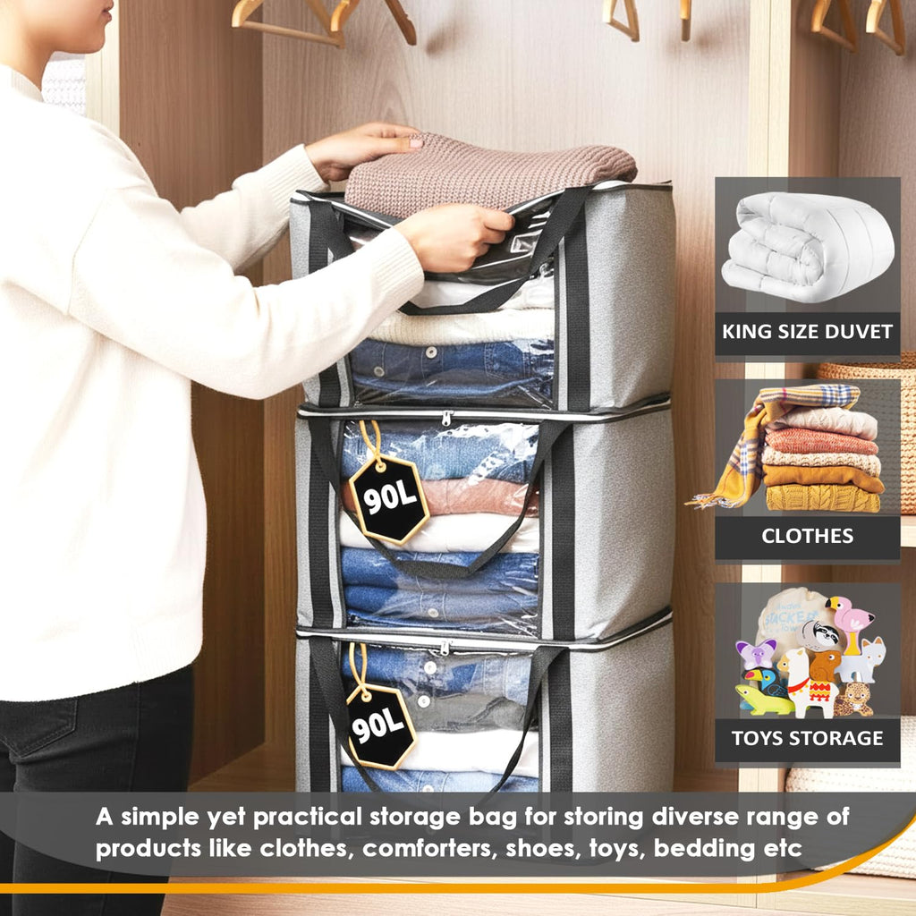 KURNI Storage Bags | Clothes Organizer Boxes, Foldable 6 Pack Grey, 90L Capacity, 3 Sided Zipper Moving Large Bag. Dust & Moisture Proof - image 2
