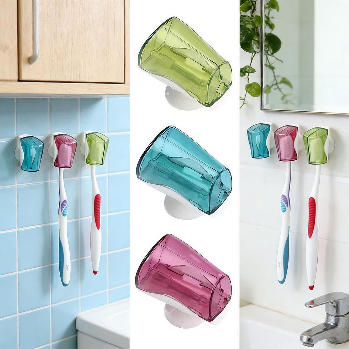 3 Pack Toothbrush Head Covers with Suction Cup, Food-Safe PC Dustproof Toothbrush Protector Caps, Wall Mounted & Portable for Bathroom, Travel