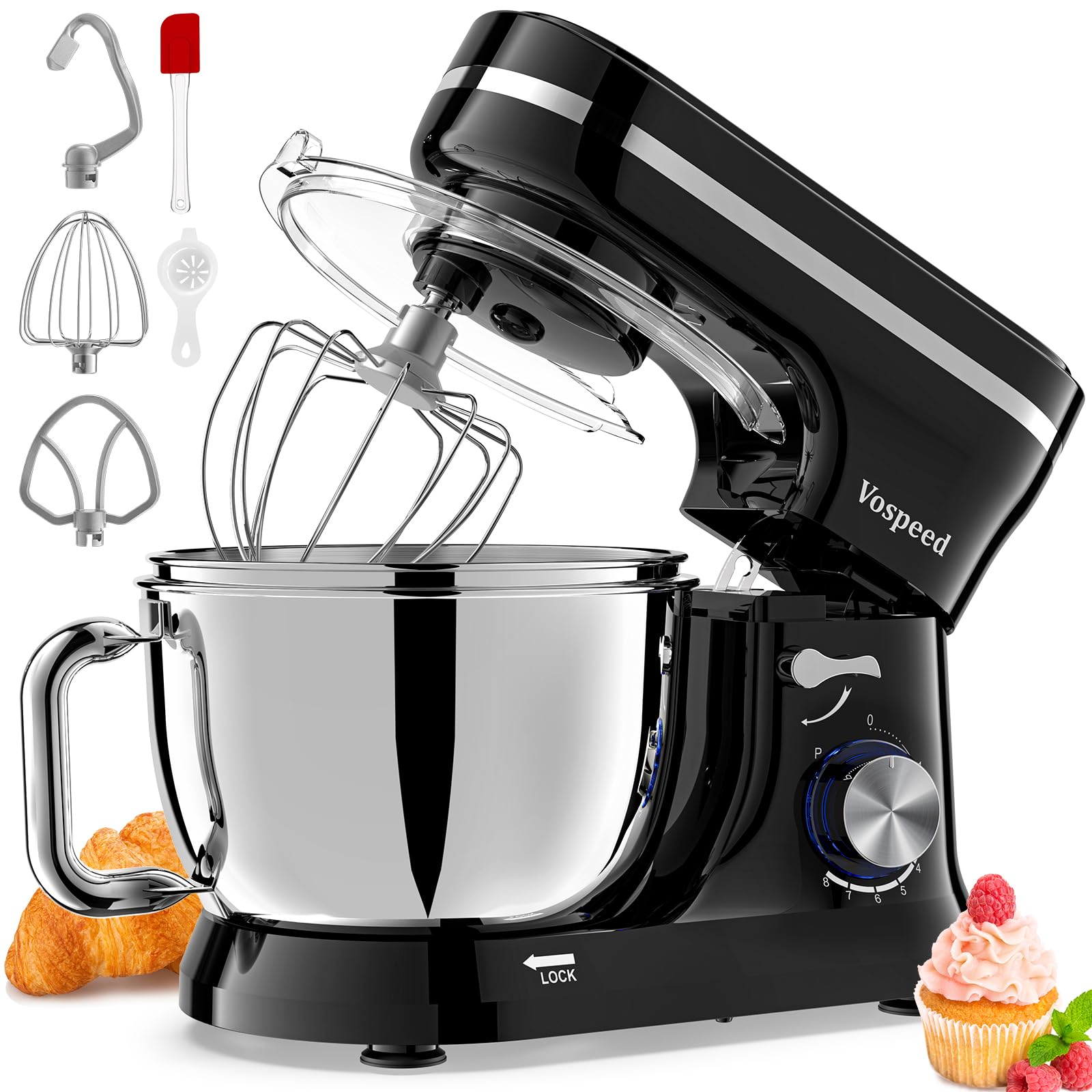 Vospeed Stand Mixer | 1000W Tilt-Head Food Mixer with Dual Bowls - Black