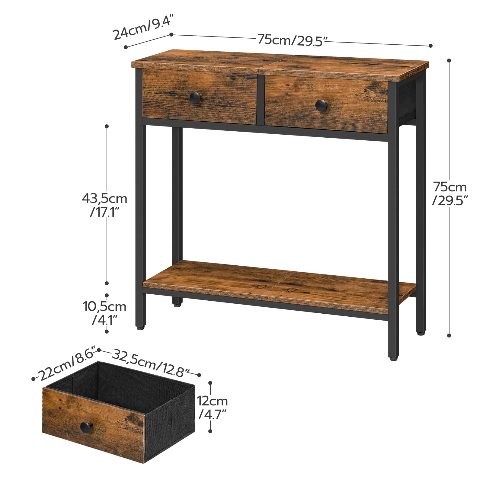 HOOBRO Slim Console Table – Narrow Industrial Hallway Table with 2 Drawers