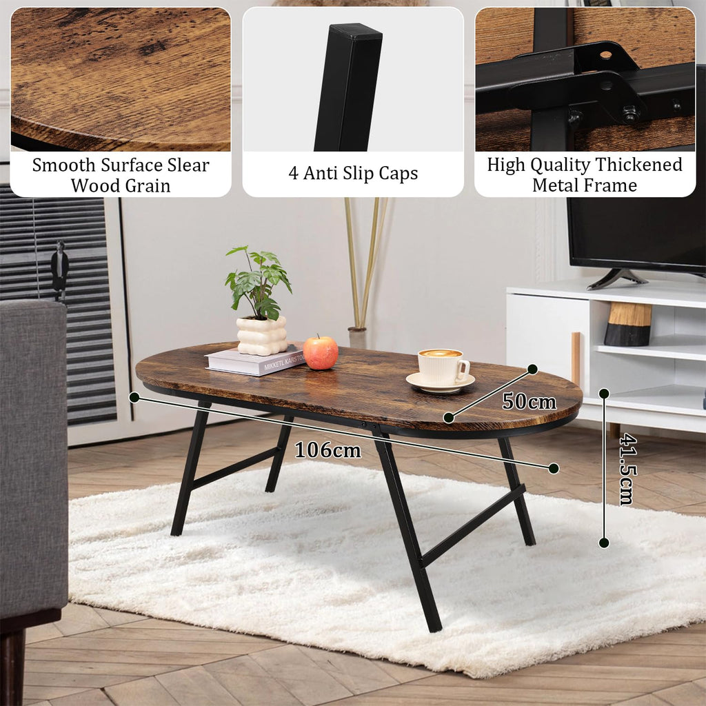 FEUFOAM Folding Coffee Table for Living Room Industrial Brown Small Low Table Wooden Foldable Coffee Tables Oval Floor Desk Tables for Small Spaces - image 5