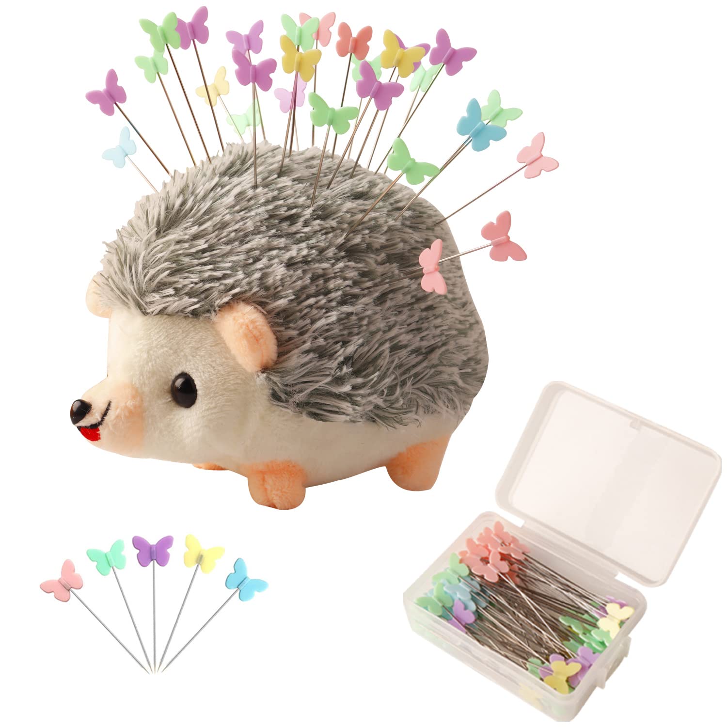 CICILIAYA Hedgehog Pin Cushion with 100 Butterfly Pins - Plush Sewing Kit