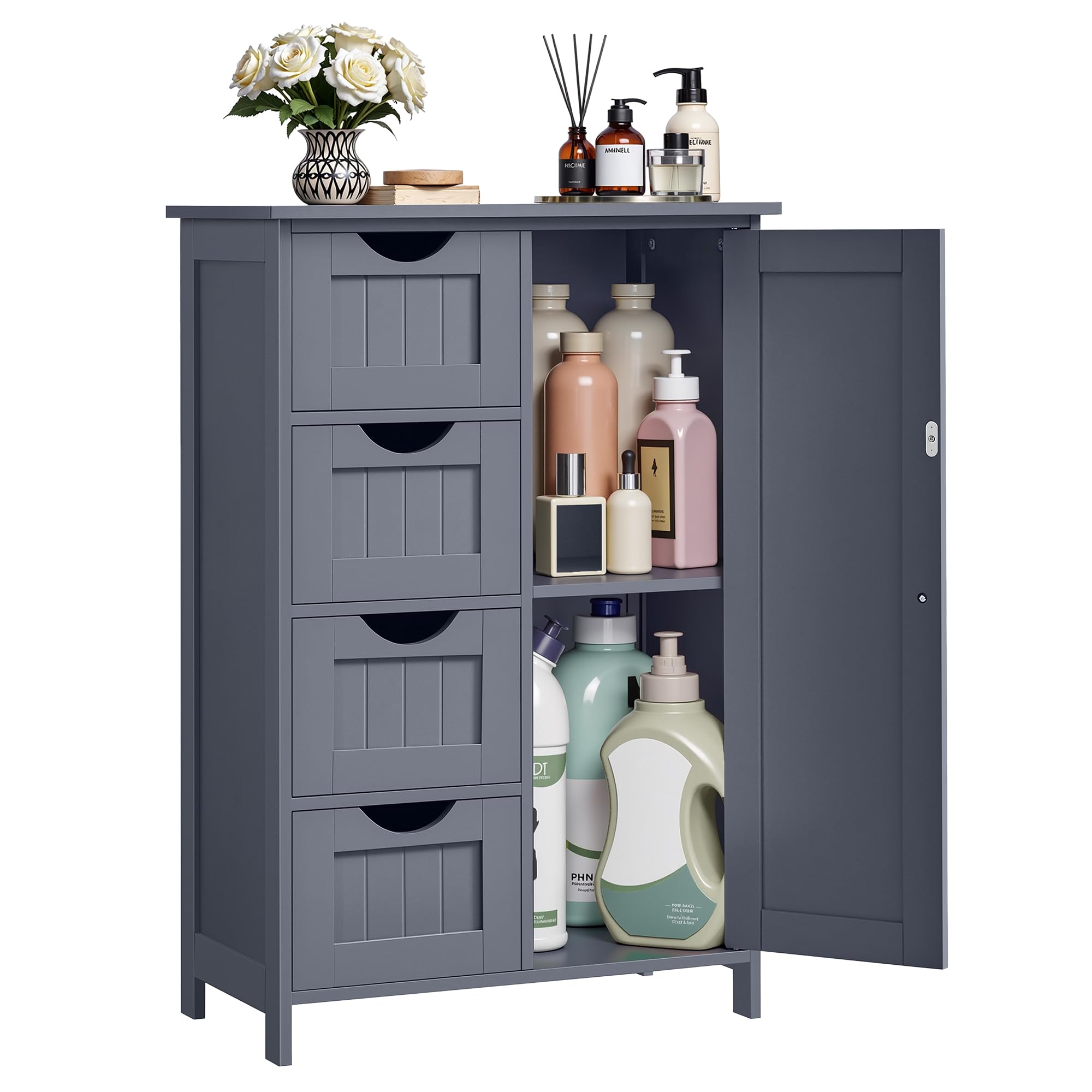VASAGLE Grey Narrow Bathroom Cabinet | 4-Drawer Storage Unit