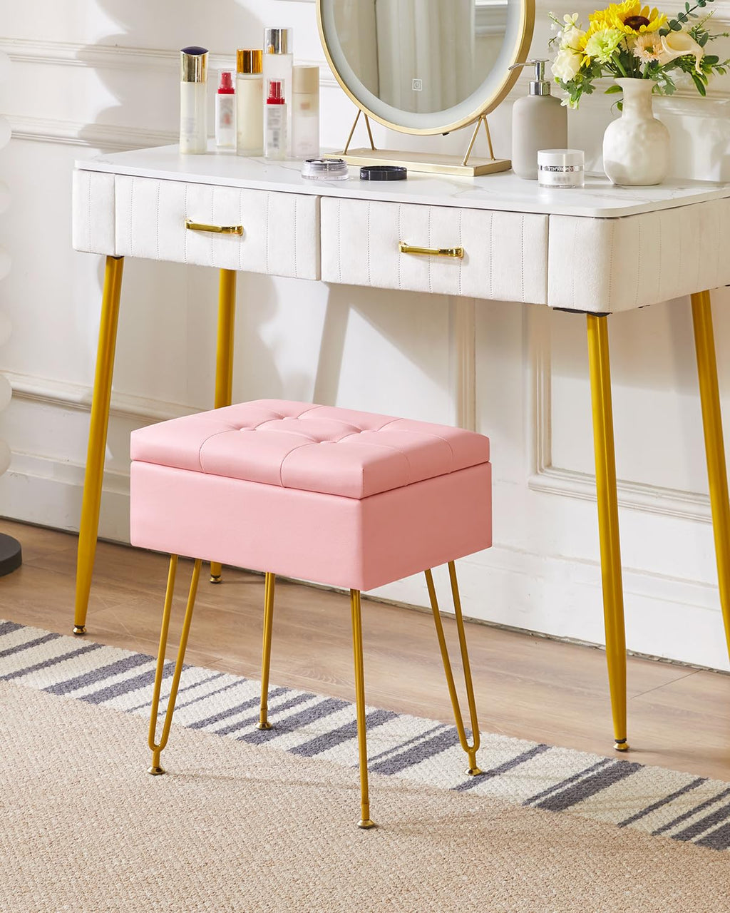 IBUYKE Storage Vanity Stool | PU Leather Ottoman with Flip Tabletop