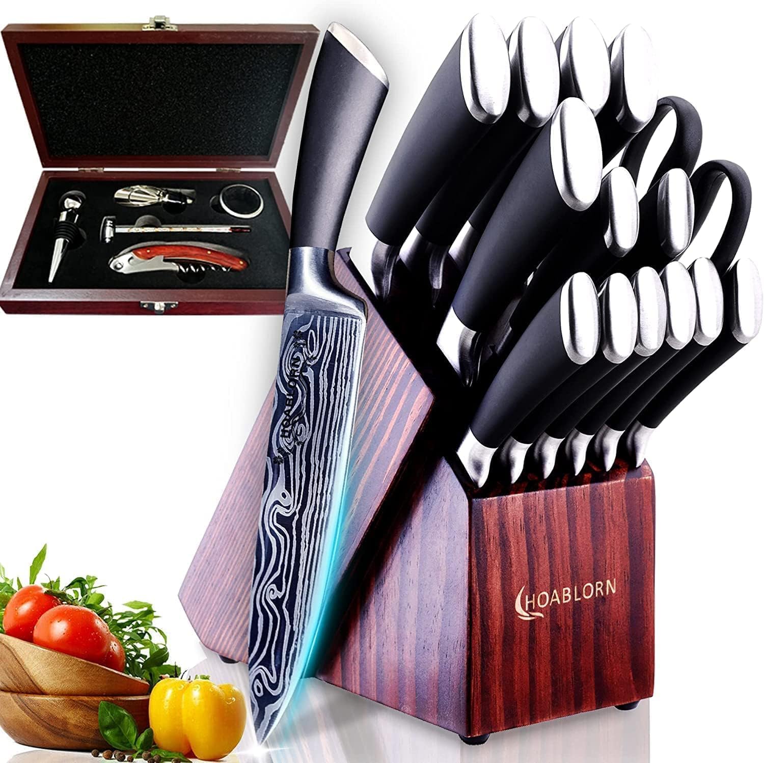 15-Piece Damascus Stainless Steel Knife Set with Block