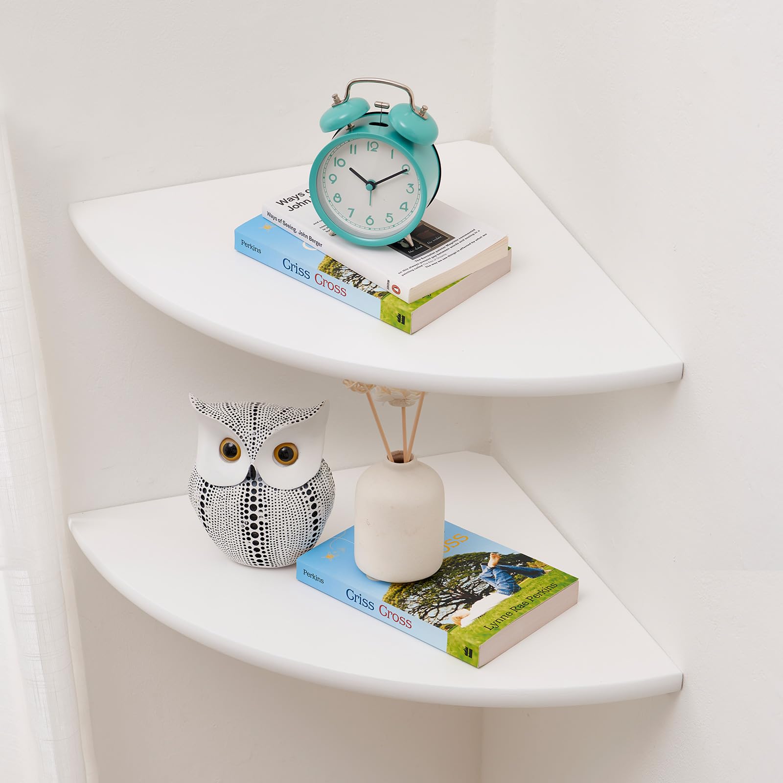 GIEANOO Solid Oak Wood Corner Floating Shelves - Set of 2 White Wall Mount
