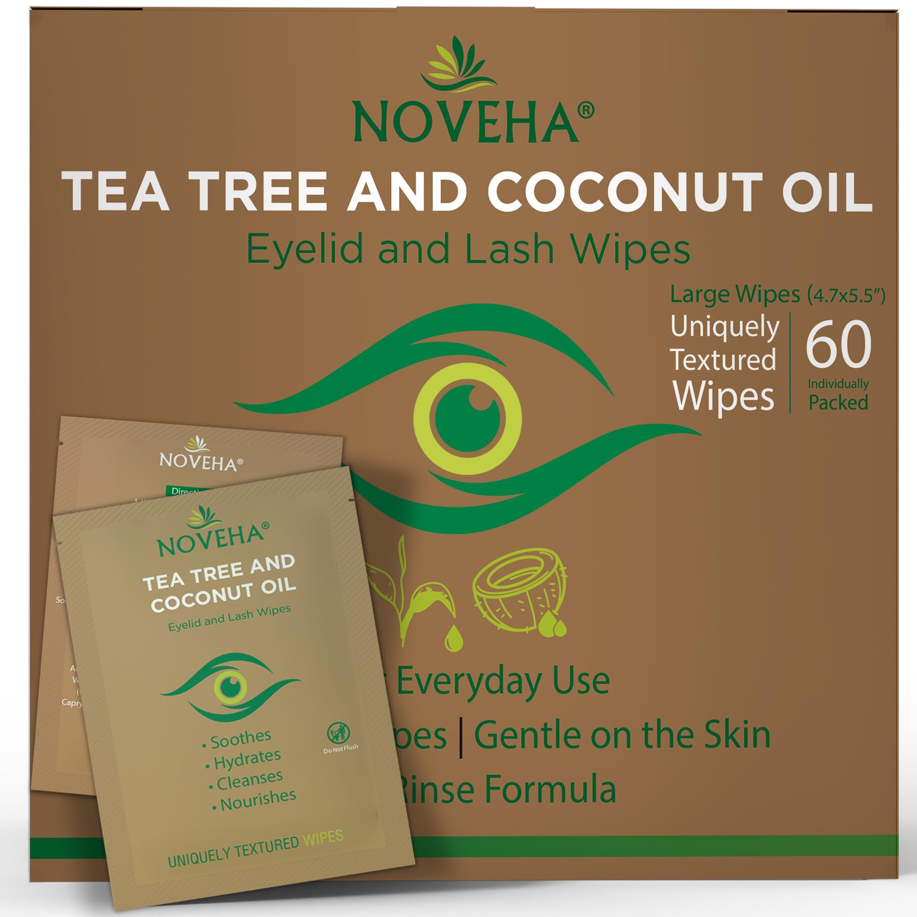 NOVEHA Tea Tree & Coconut Oil Eyelid Wipes for Blepharitis - 60 Count