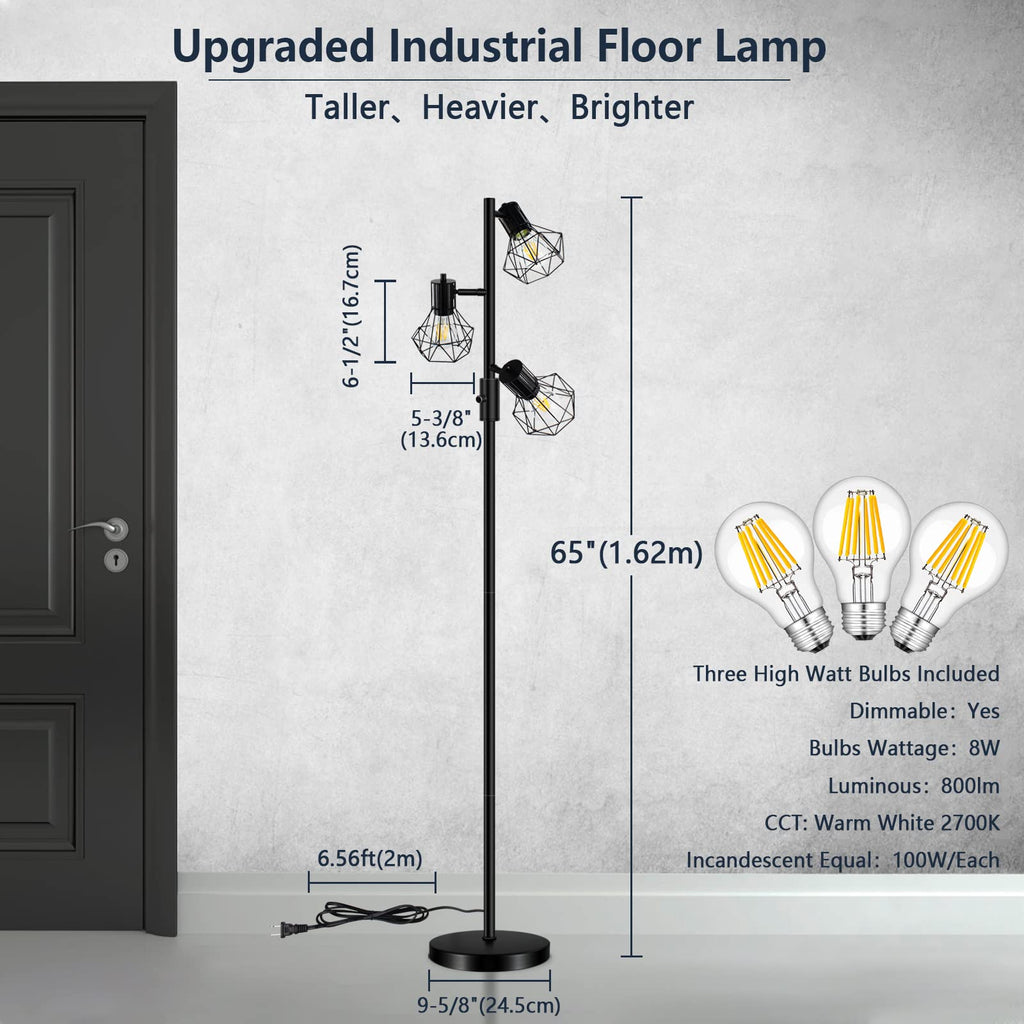 HiBay Industrial LED Floor Lamp – Stepless Dimmable 3-Light Tree Lamp