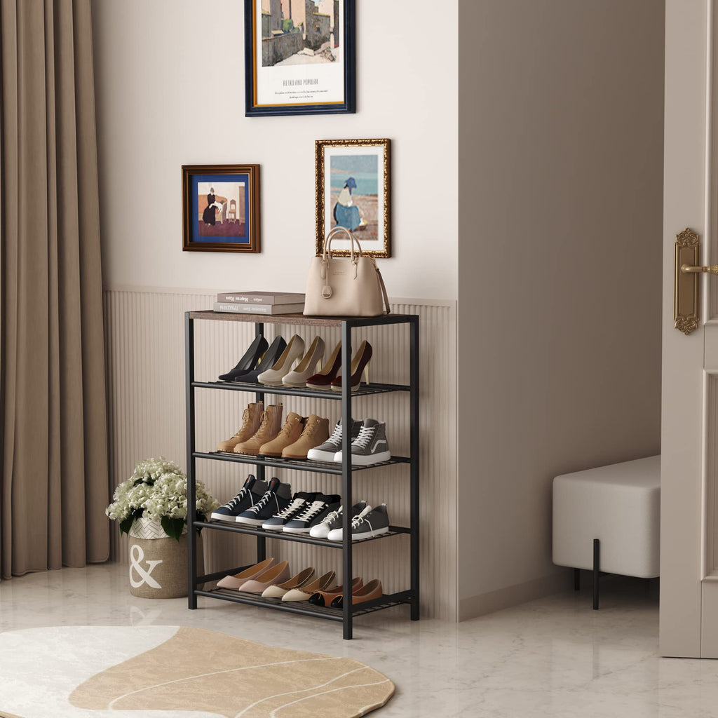 HOME BI 5-Tier Industrial Shoe Rack | Metal Storage Organizer with MDF Top