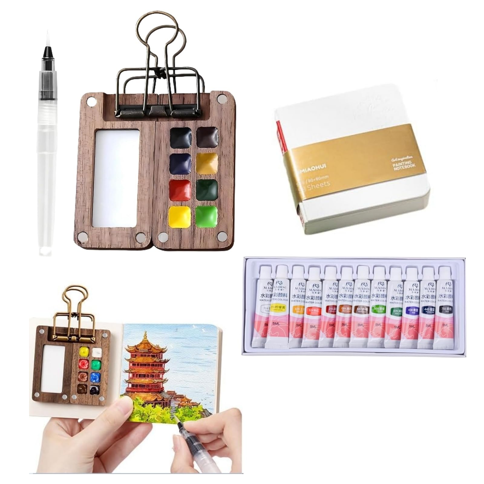 Jolof Store 5Pcs Pocket Watercolour Travel Set – 8 Grid Wooden Palette
