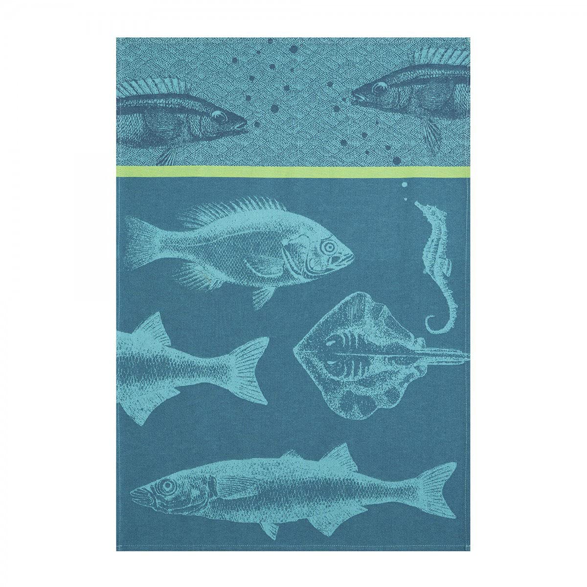 Coucke French Cotton Jacquard Blue Fish Kitchen Towel | Turquoise 20x30