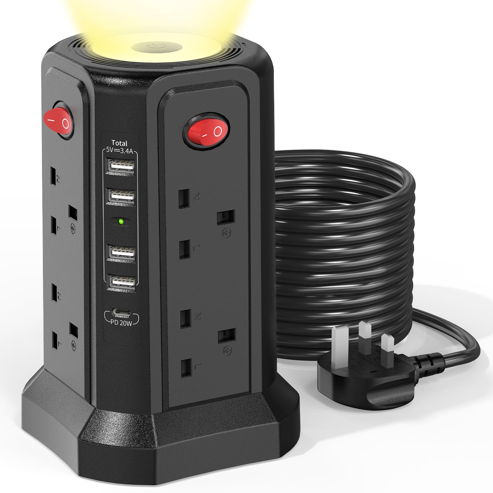 8-Way Extension Tower | 20W USB-C Fast Charger & Surge Protection