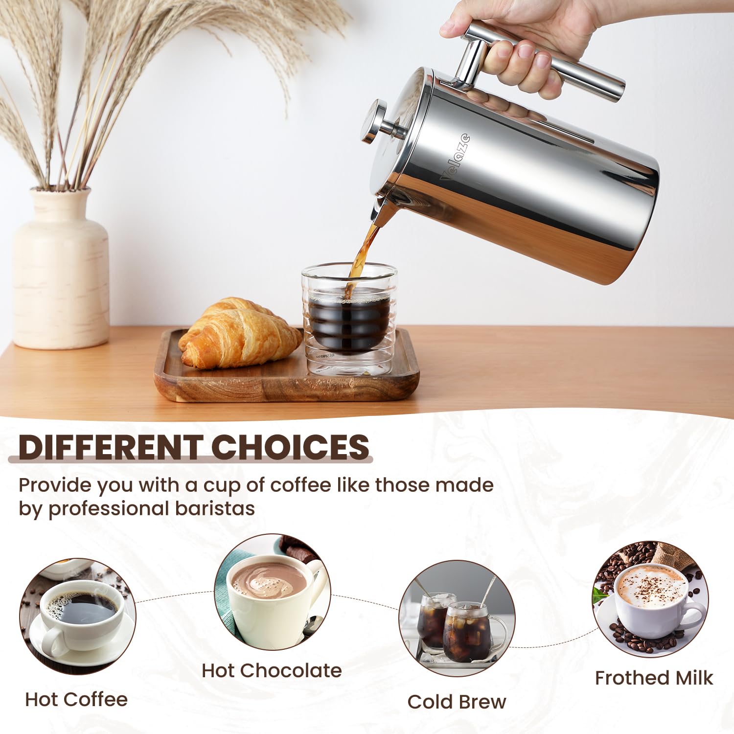 Velaze 1L French Press Coffee Maker – Double Wall Stainless Steel