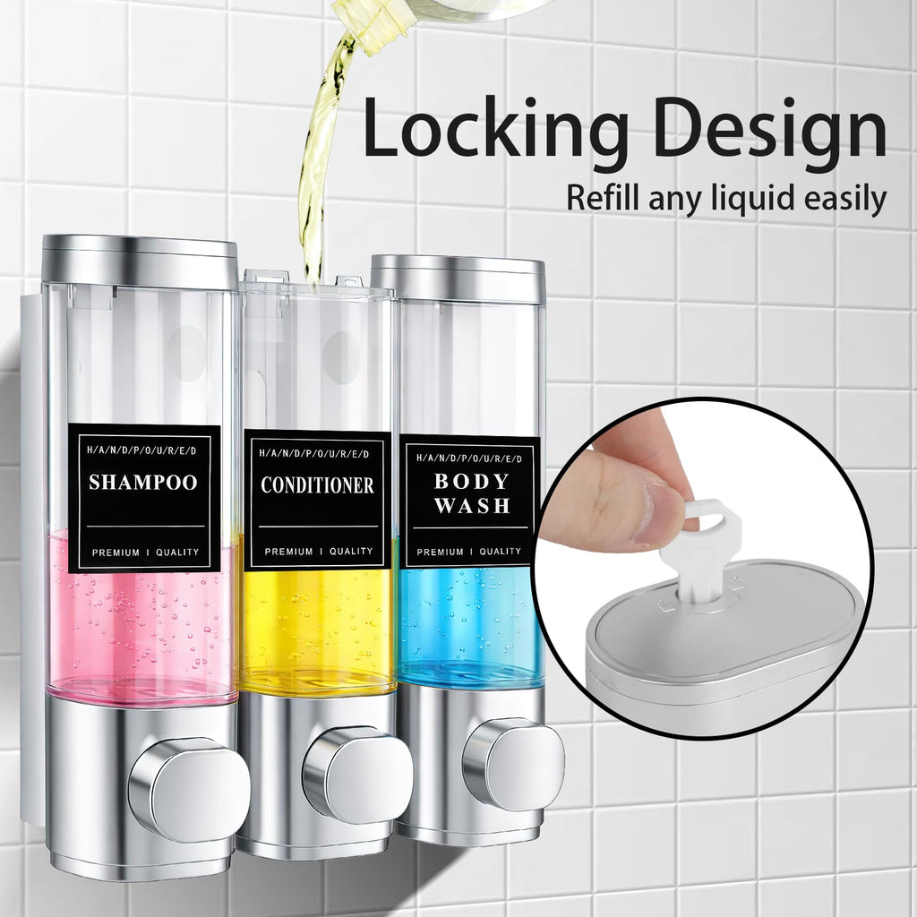 3 Chamber Shampoo and Conditioner Dispenser, Wall Mounted, 300 ml, Silver - image 5