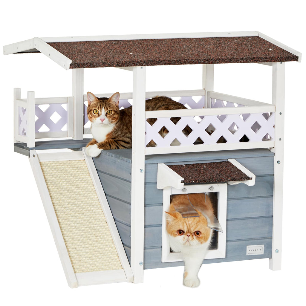Petsfit 2-Story Wooden Outdoor Cat House - Waterproof Shelter with Balcony