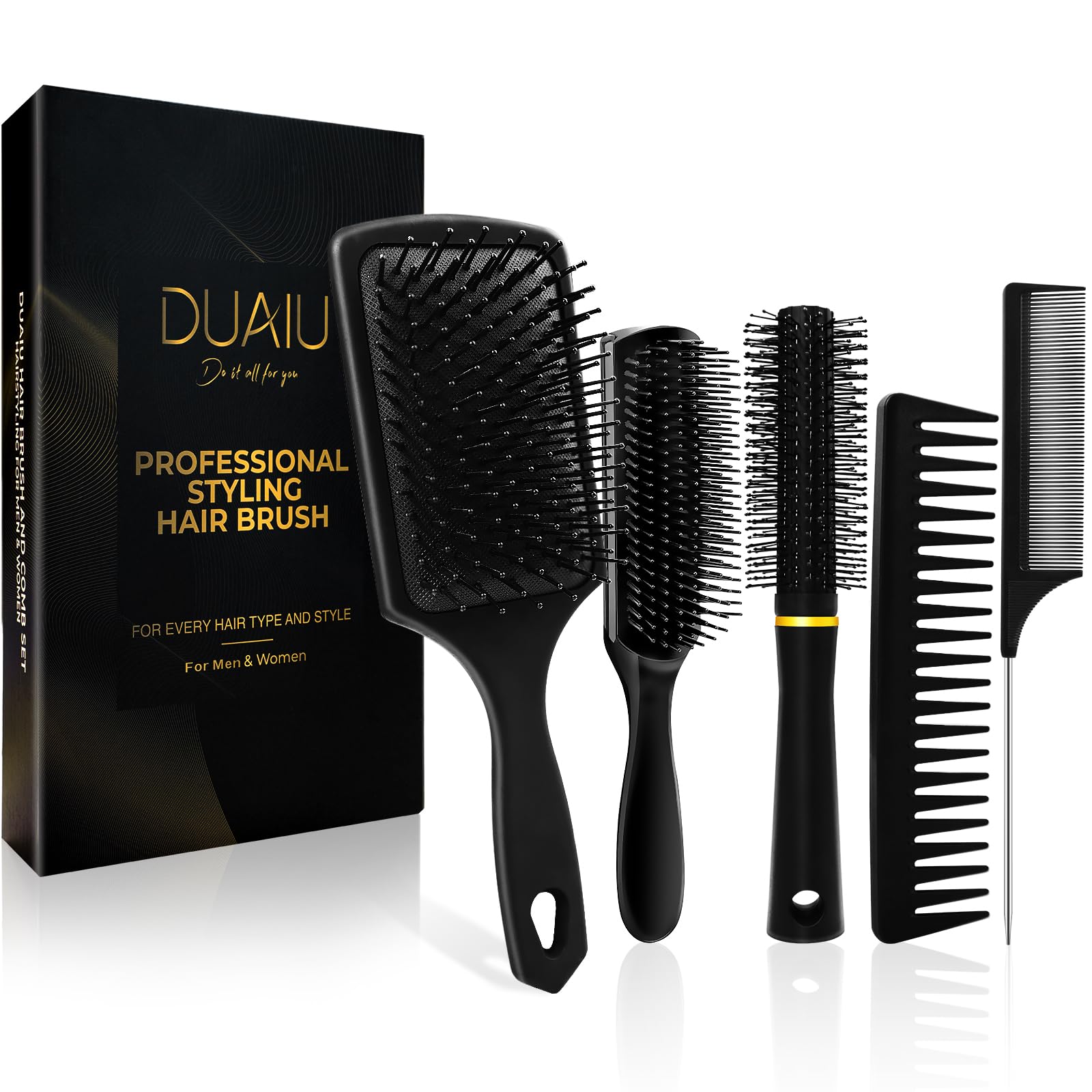 DUAIU 5-Piece Hair Brush and Comb Set for Styling, Detangling & Volume
