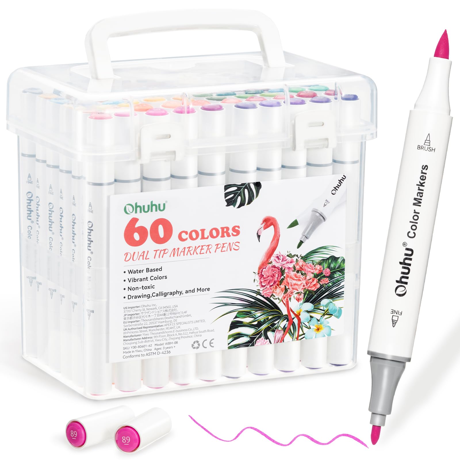 Ohuhu 60 Colours Dual Tip Art Markers - Water-Based Brush & Fine Tips