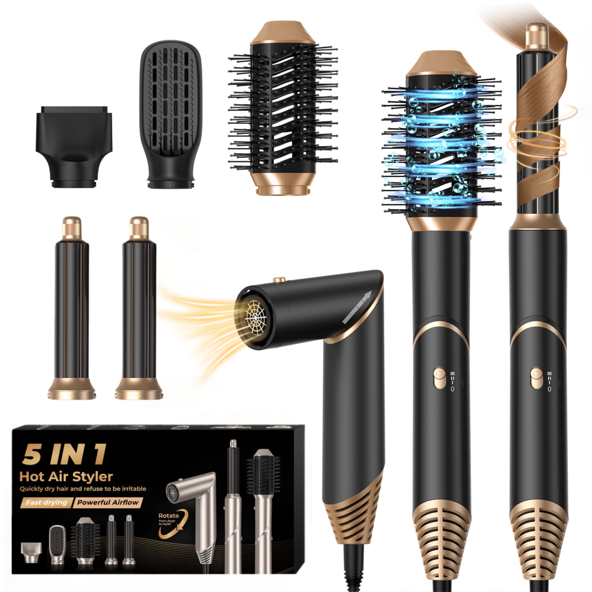 UKLISS 5-in-1 Hair Dryer Brush & Air Styler | Auto Curling Wand Set