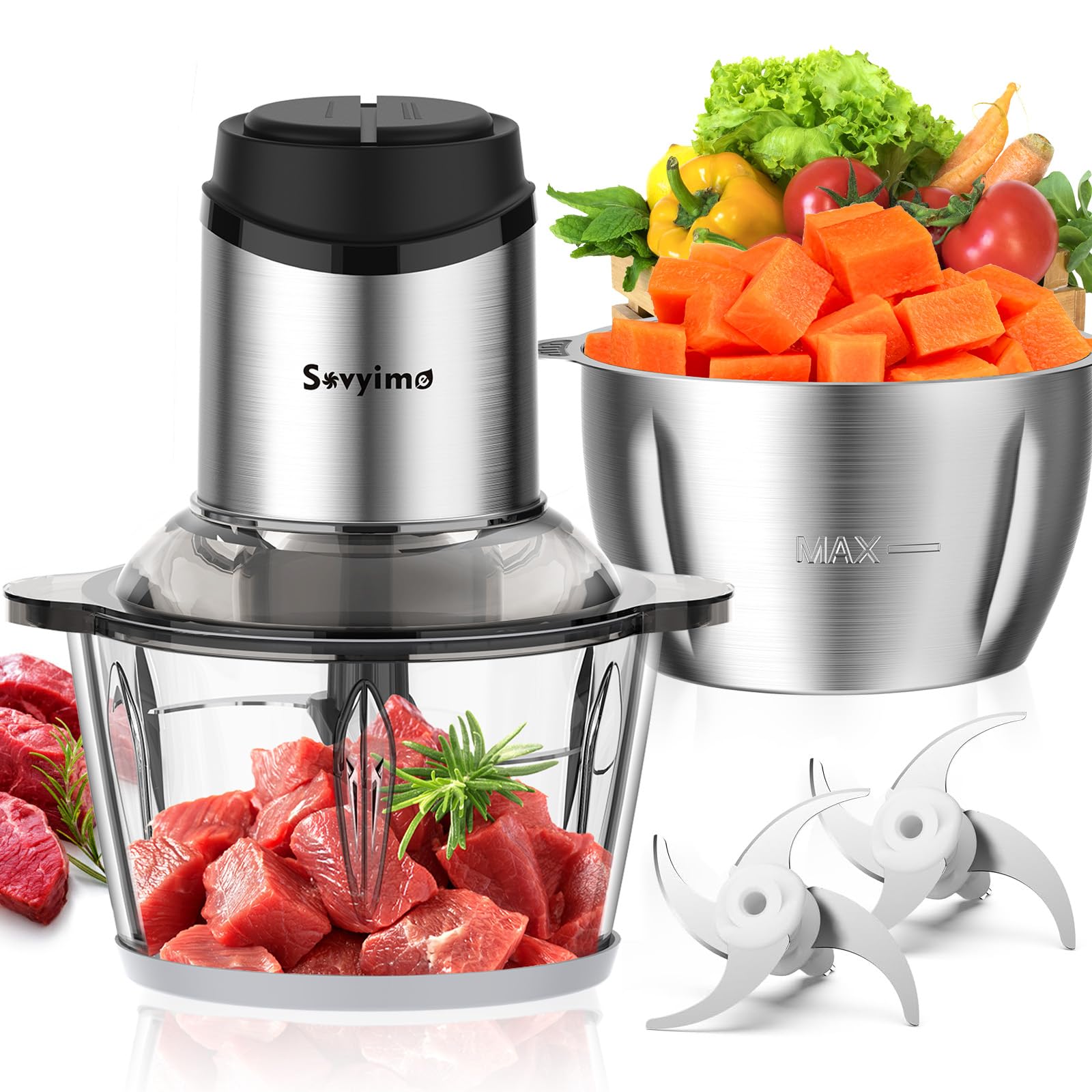 Sovyime Electric Food Processor | 2L Glass & Steel Bowls Meat Grinder