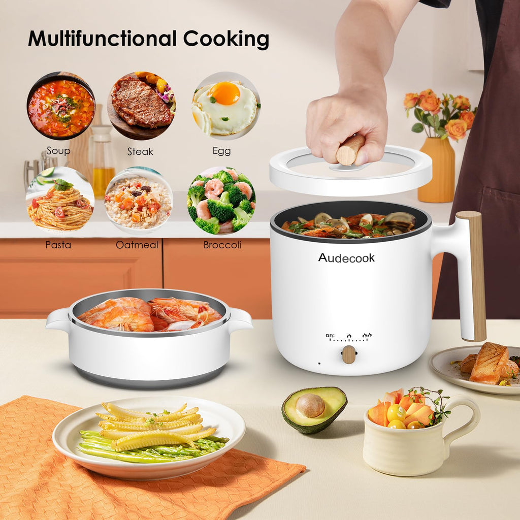 Audecook Electric Hot Pot with Steamer | 1.8L Non-Stick Portable Cooker
