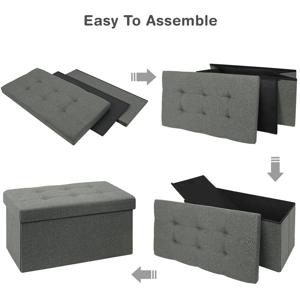 BRIAN & DANY Folding Storage Ottoman | Linen Footstool Bench - Dark Gray