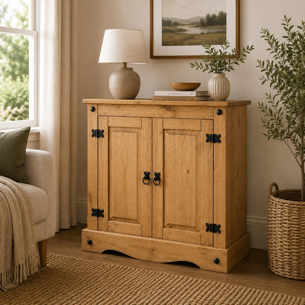 Corona Sideboard Cupboard 2 Door Solid Pine Wood with Wax Finish Mexican Style Black Metal Hardware Internal Shelf - image 1