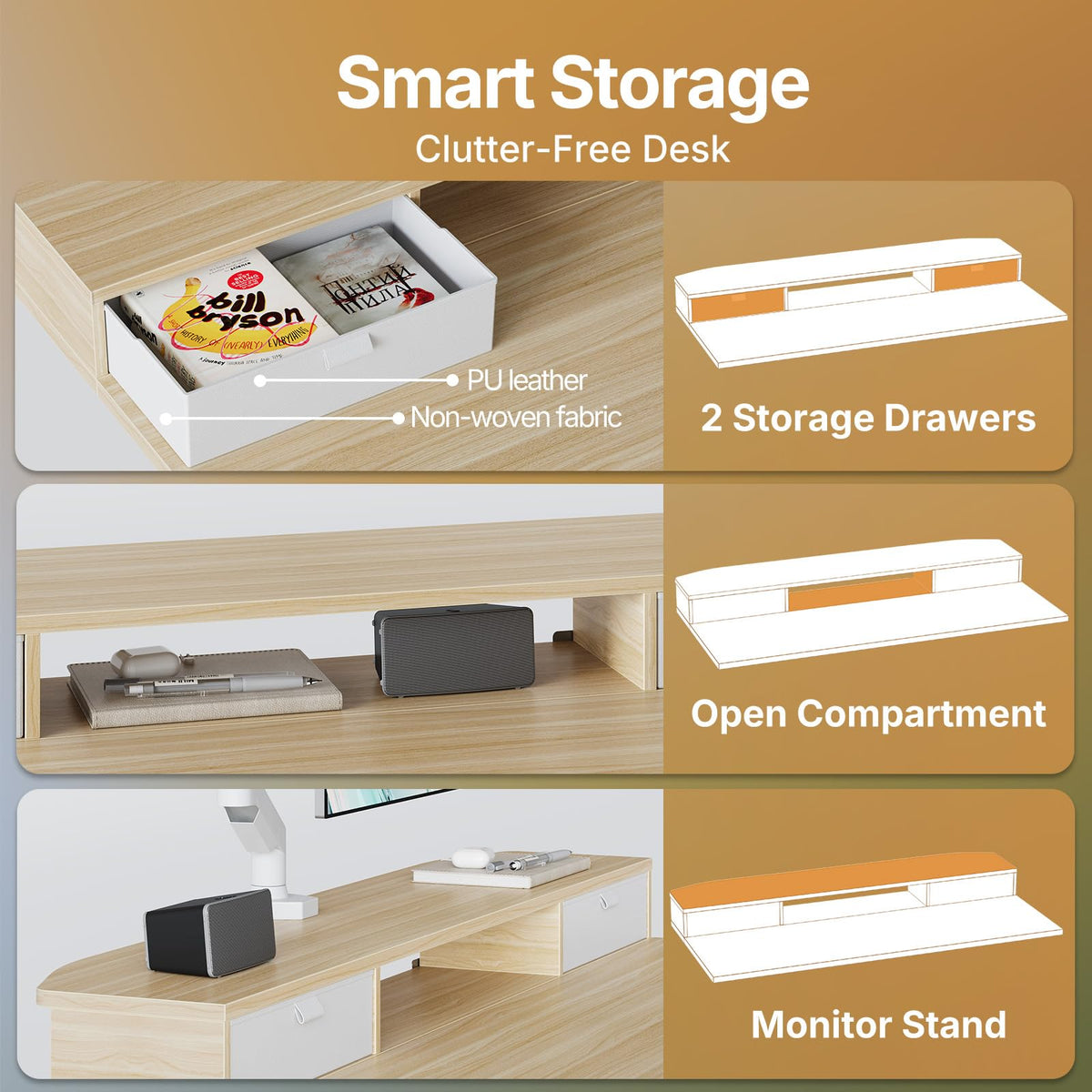 HUANUO Standing Desk with Drawers, 100x60cm, Natural - image 3