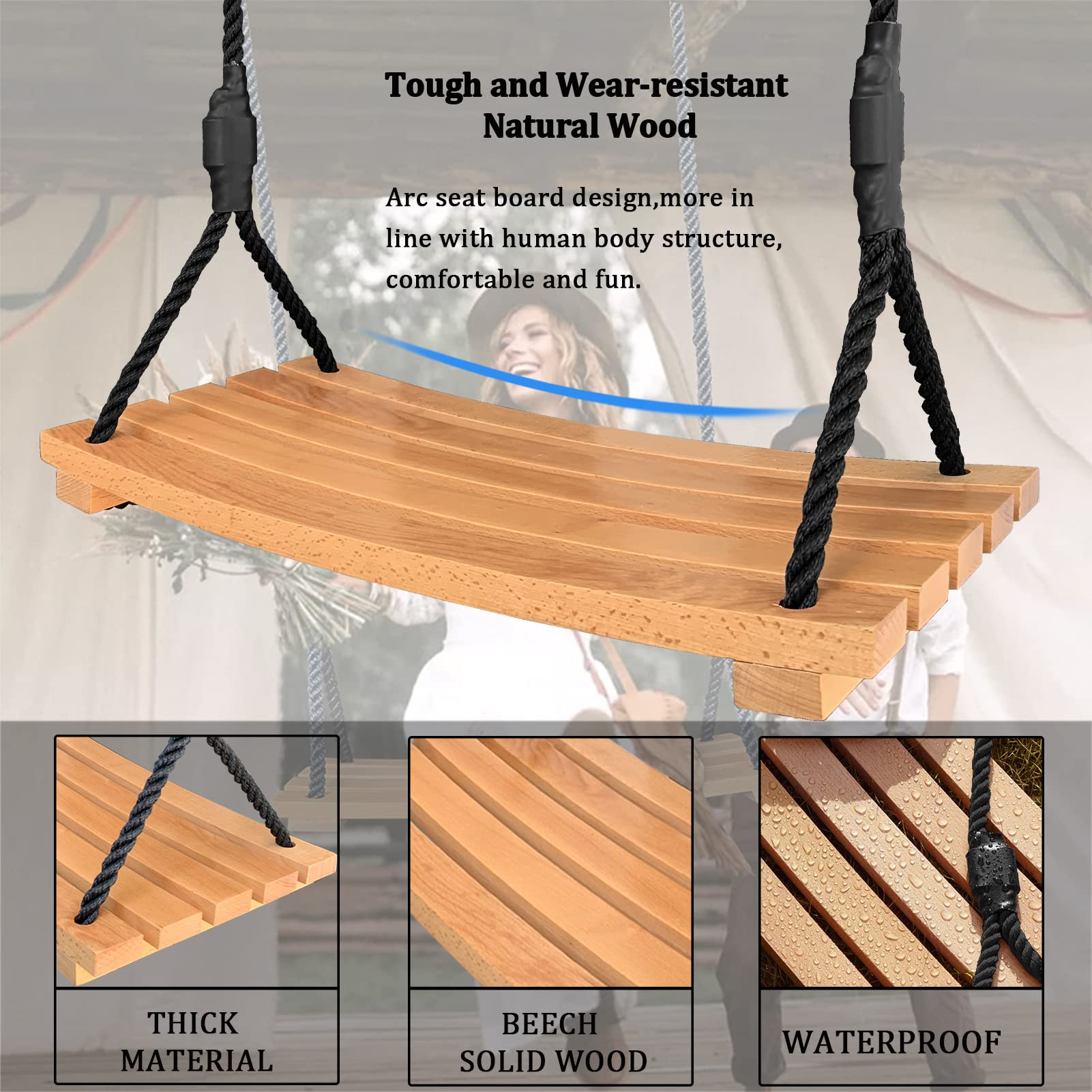 Favuit Wooden Tree Swing Seat – Curved Wood Hanging Chair for Kids & Adults