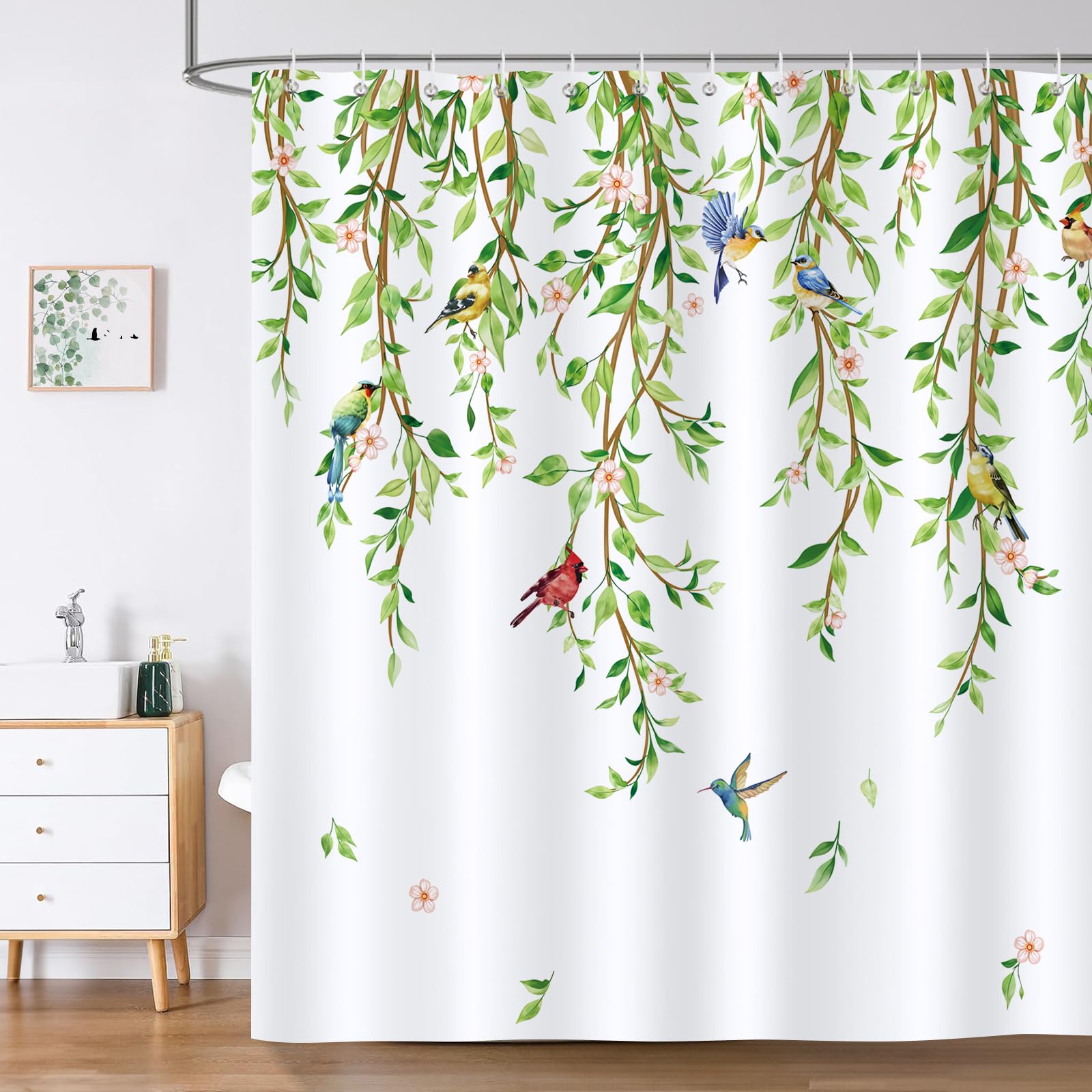 Bonhause Green Leaves & Birds Shower Curtain | Waterproof Polyester, 180x180cm