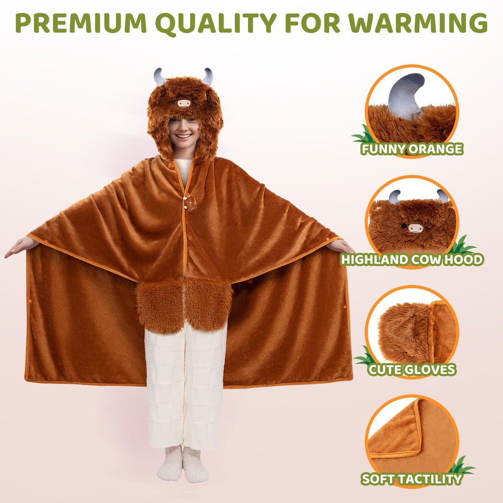 Mewaii Highland Cow Wearable Blanket Hoodie – Plush Flannel Cloak