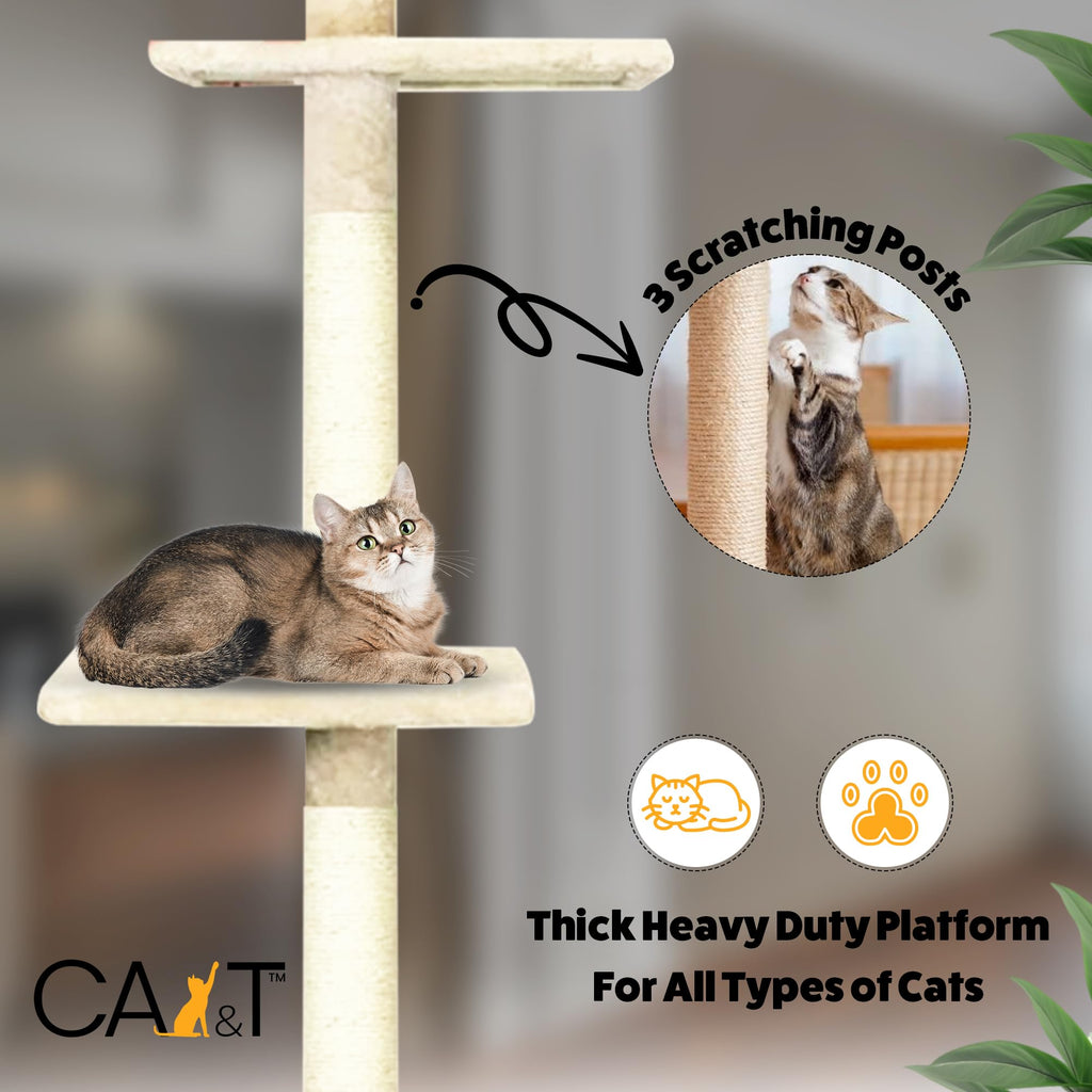 CA&T Floor to Ceiling Cat Tree – Height Adjustable Plush Climbing Tower