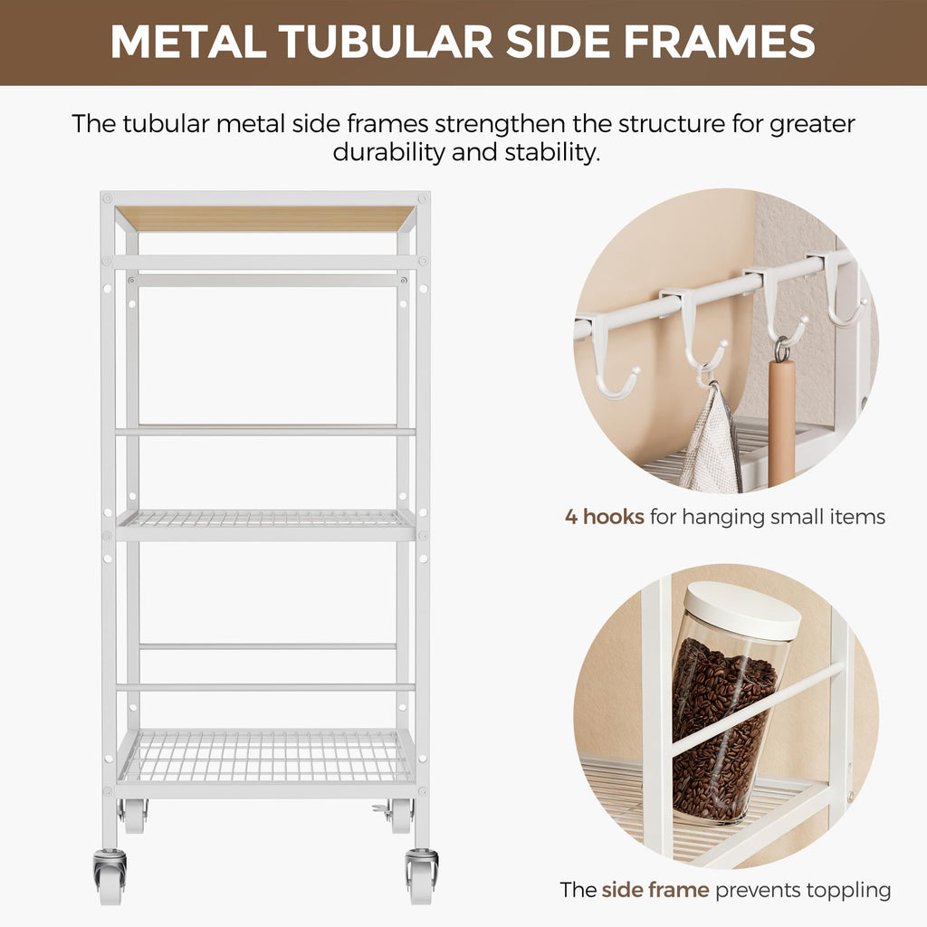 3-Tier kitchen trolley,Oak Wood Top,60W×40Dcm,4 Hooks, Adjustable Shelves - image 3