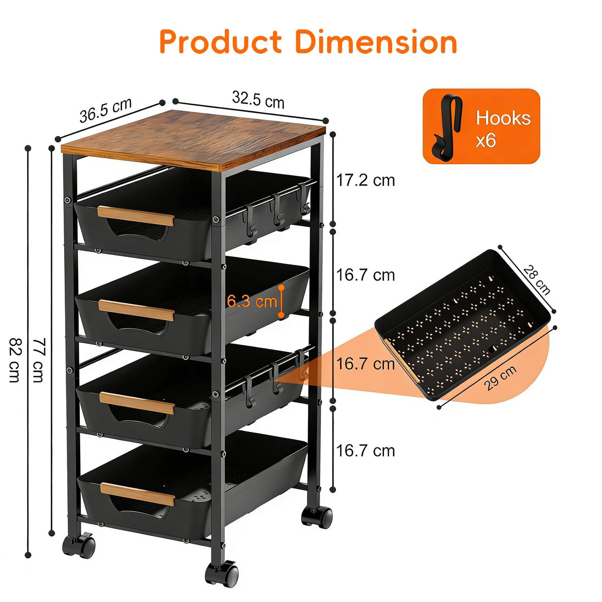 Uwoodia 5-Tier Slim Storage Trolley on Wheels, Metal Kitchen Rolling Cart with Pull-Out Baskets - image 5