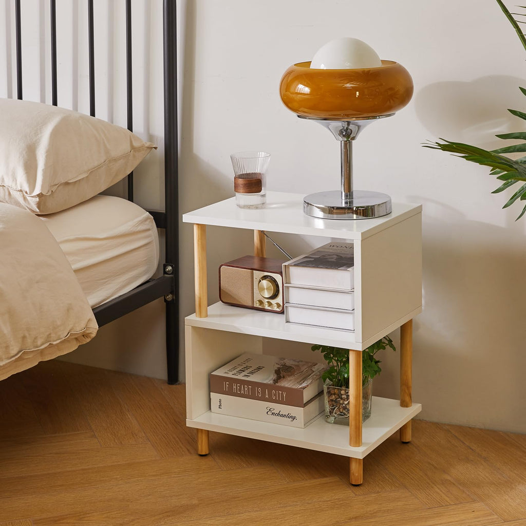 Aibiju Modern 3-Tier S-Shaped Side Table – White Nightstand with Wood Legs