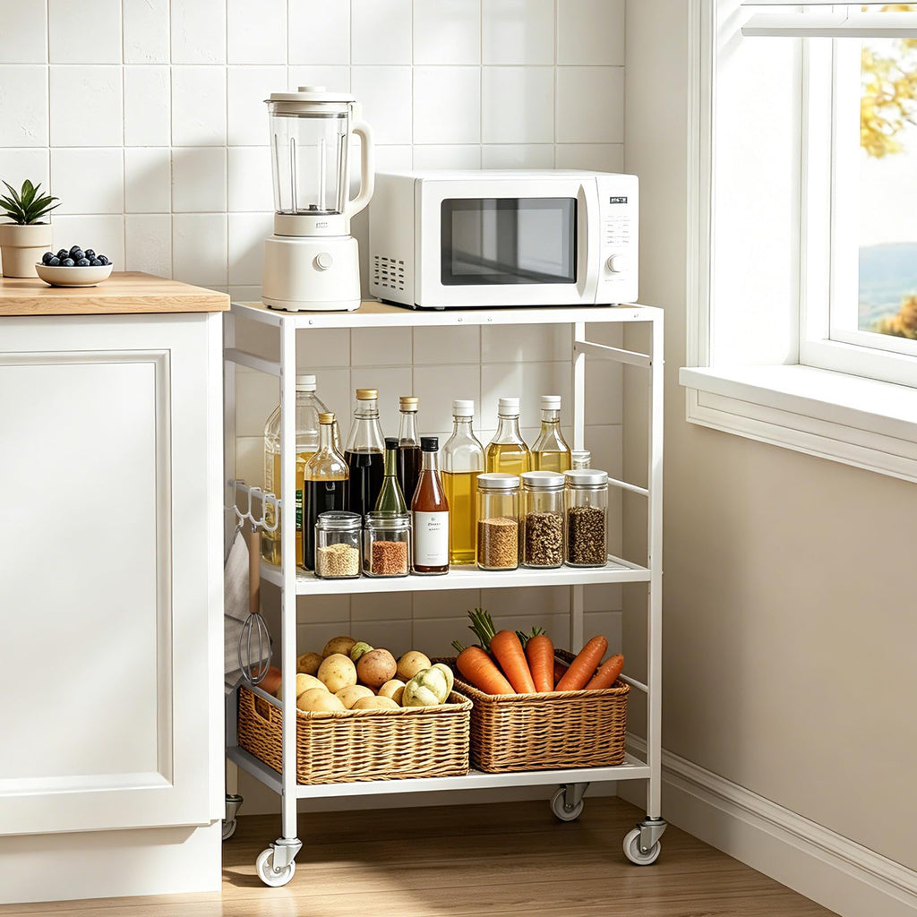 3-Tier kitchen trolley,Oak Wood Top,60W×40Dcm,4 Hooks, Adjustable Shelves - image 5