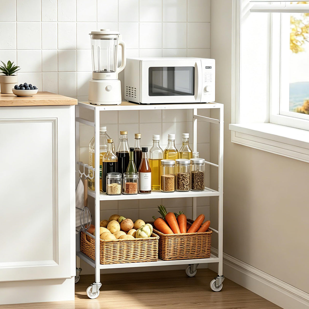 3-Tier kitchen trolley,Oak Wood Top,60W×40Dcm,4 Hooks, Adjustable Shelves - image 5