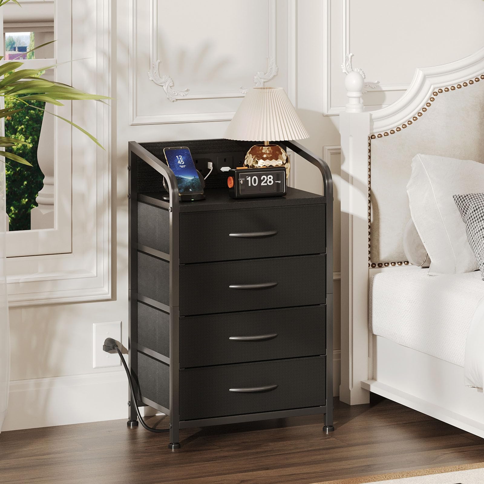 MUTUN Bedside Table with Charging Station | 4 Fabric Drawers Nightstand