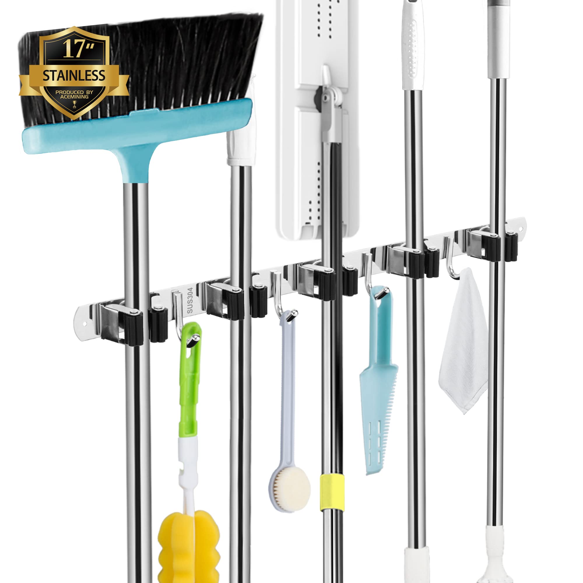 AceMining Stainless Steel Broom Holder Wall Mount - 5 Slots & 4 Hooks