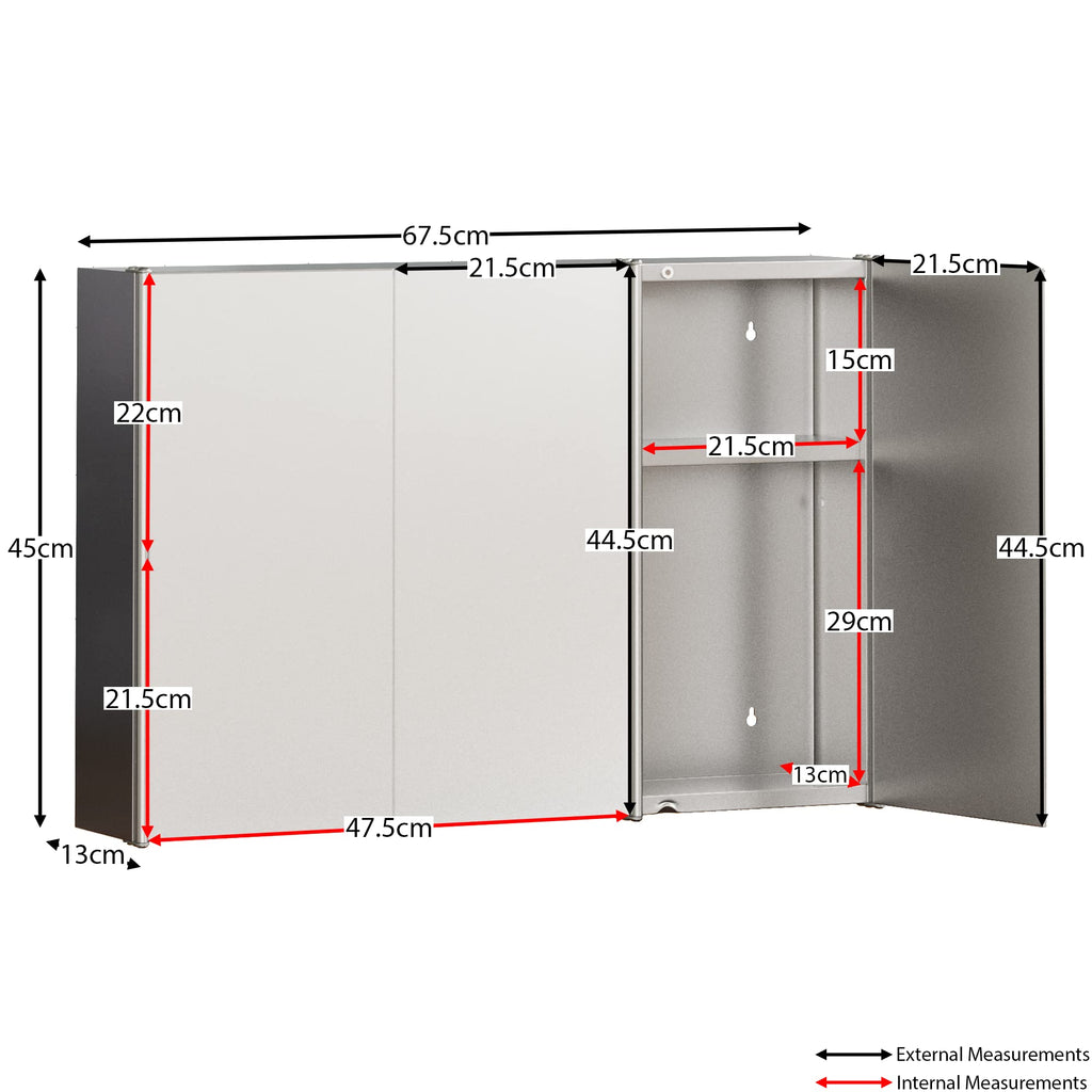 Bath Vida Tiano Triple-Mirror Bathroom Cabinet Wall-Mounted Stainless Steel Modern Storage Cupboard No Assembly Required