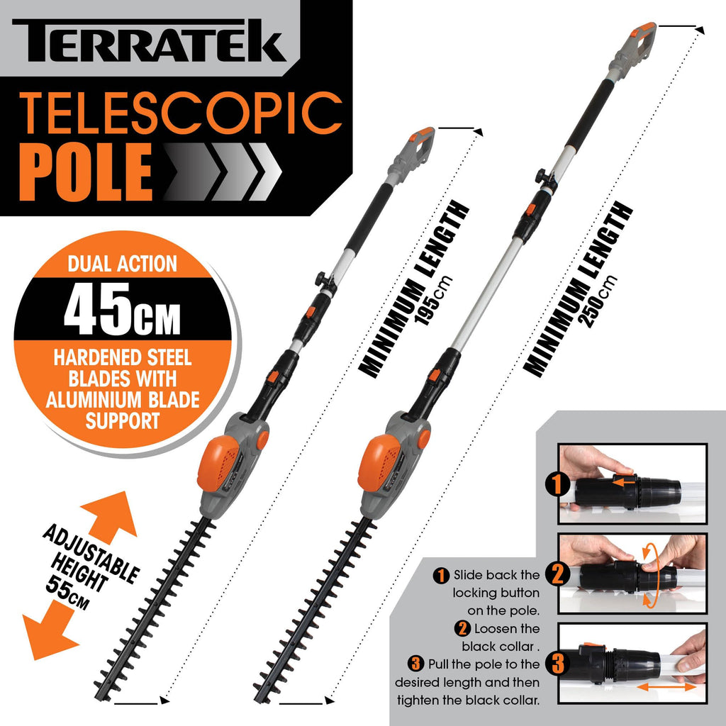 Terratek 550W Long Reach Pole Hedge Trimmer – 2.5m Telescopic Cutter