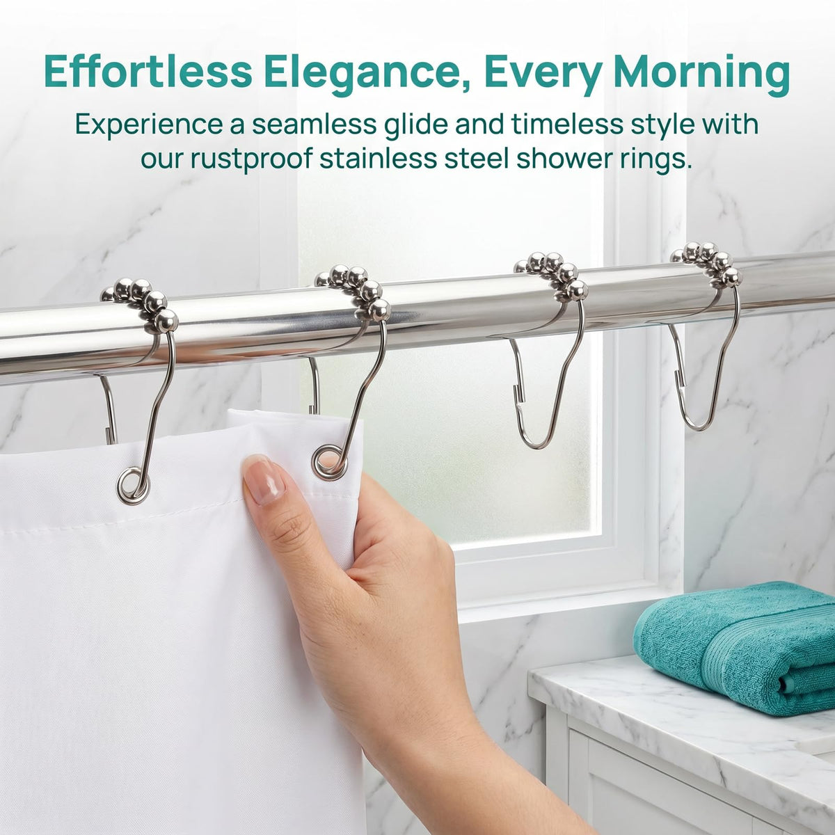 12 Pcs Stainless Steel Shower Curtain Hooks, Rustproof Metal Shower Curtain Rings with Roller Balls - image 5