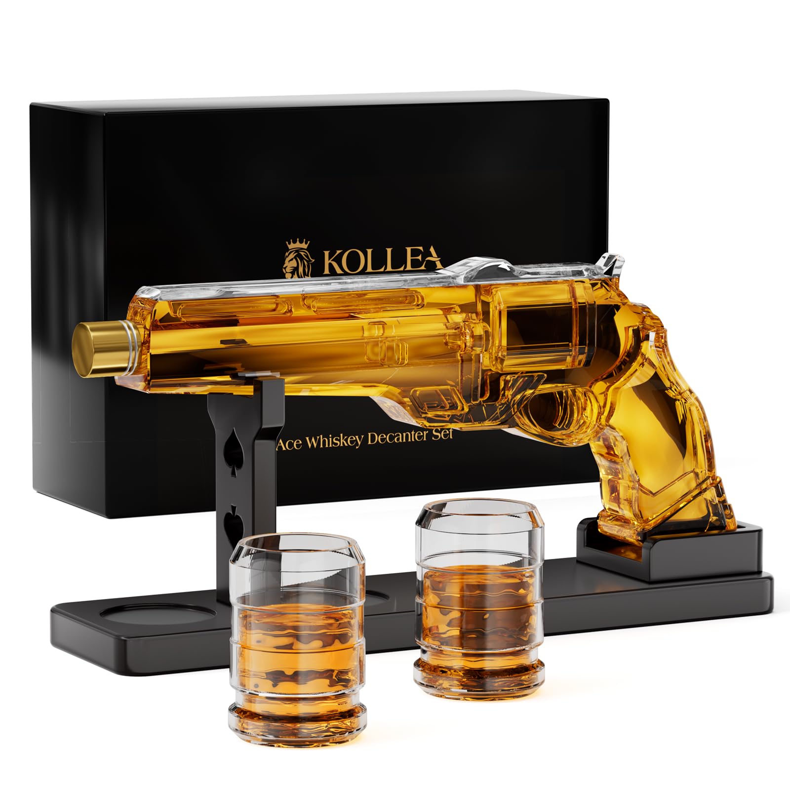 Kollea Gun Whiskey Decanter Set with 2 Glasses and Wooden Stand