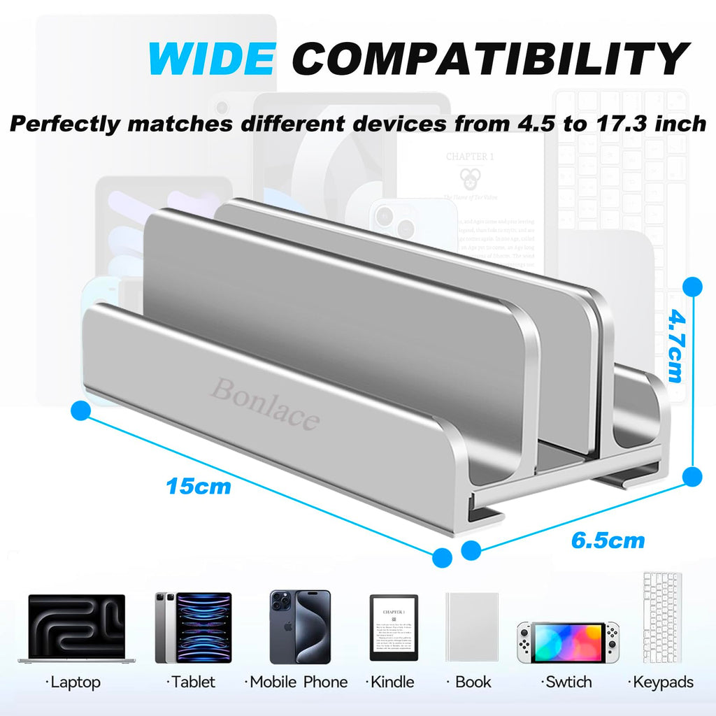 Bonlace Vertical Laptop Stand Aluminium Laptop Stand Space Saving Laptop Holder with Thermal Base for Laptops Tablets Silver