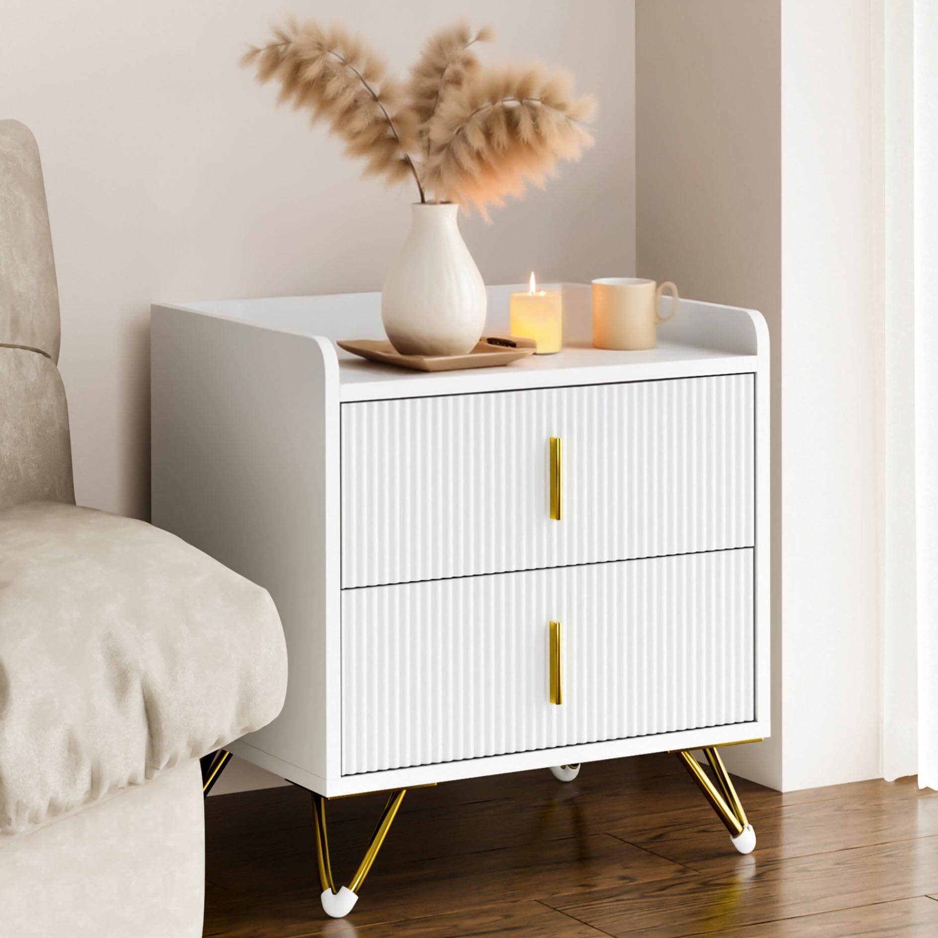 Mondeer White Bedside Table | 2-Drawer Nightstand with Gold Legs