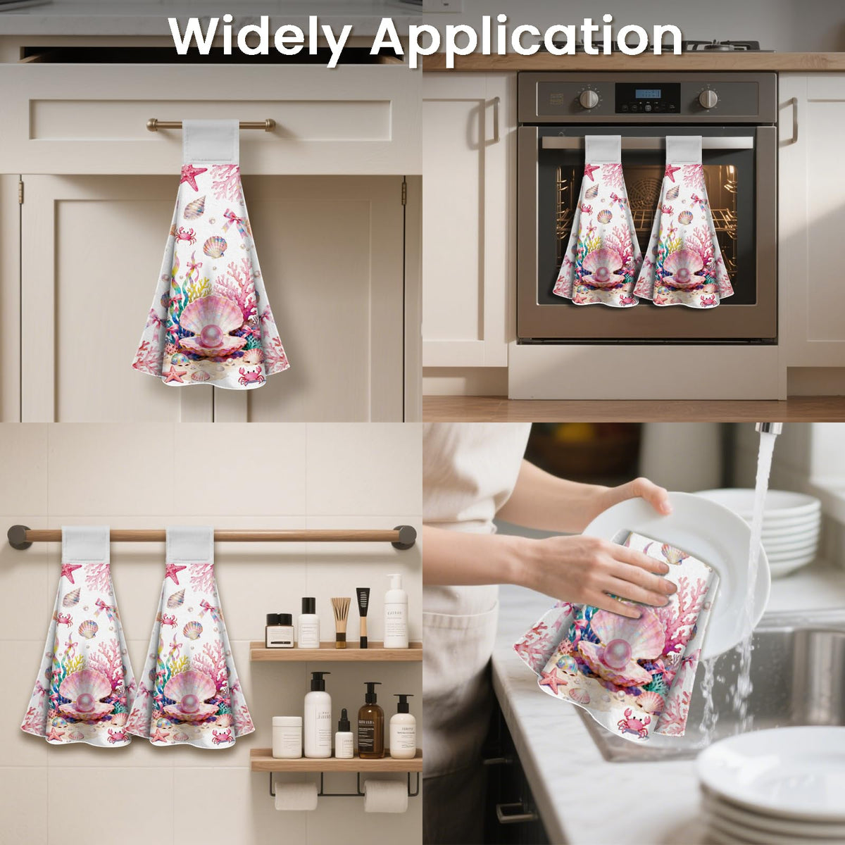 CUTHOLLOW 2 Pcs Pink Seashells Hanging Kitchen Towels with Loop - image 3