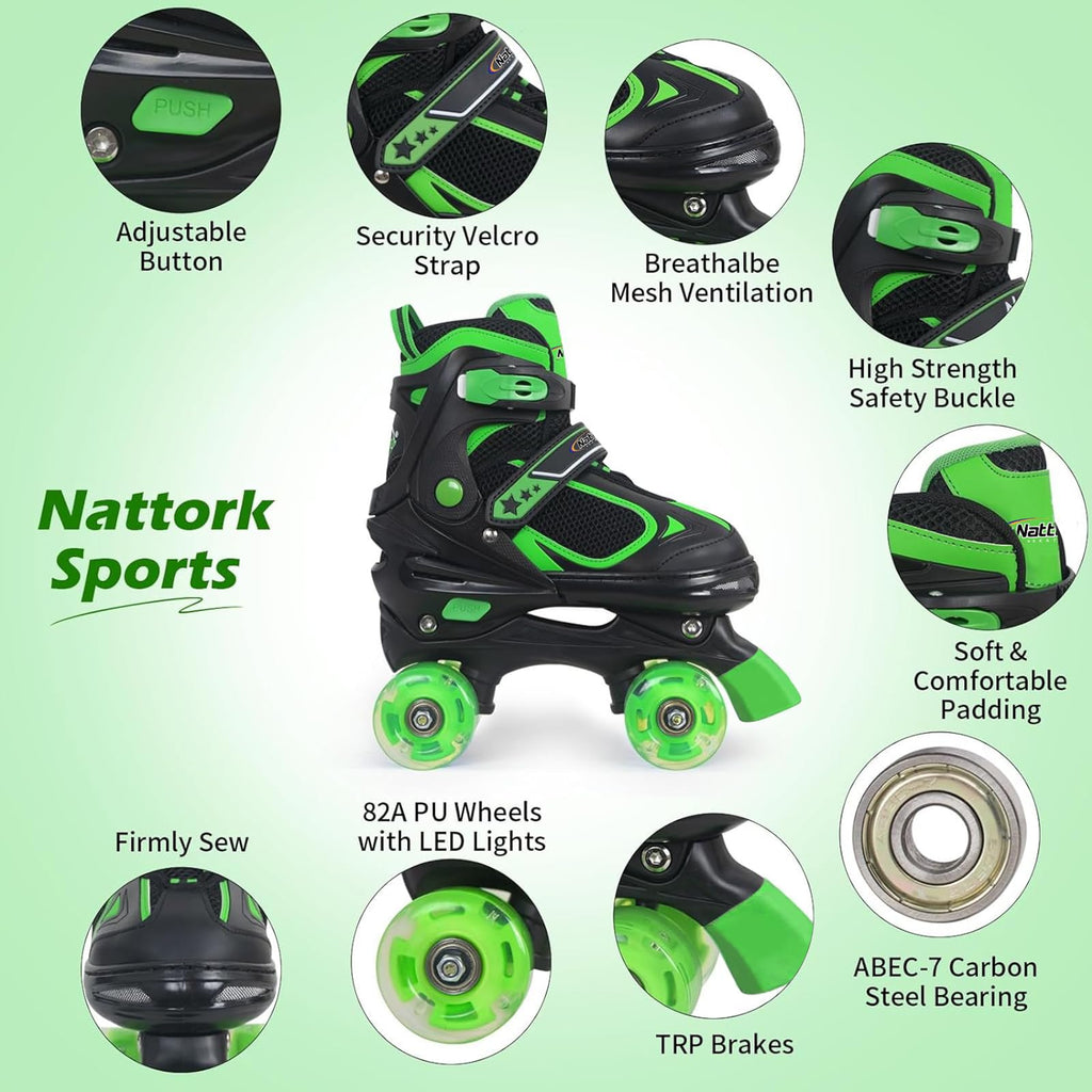 Nattork Kids Adjustable Roller Skates with Light up Wheels – 4 Sizes